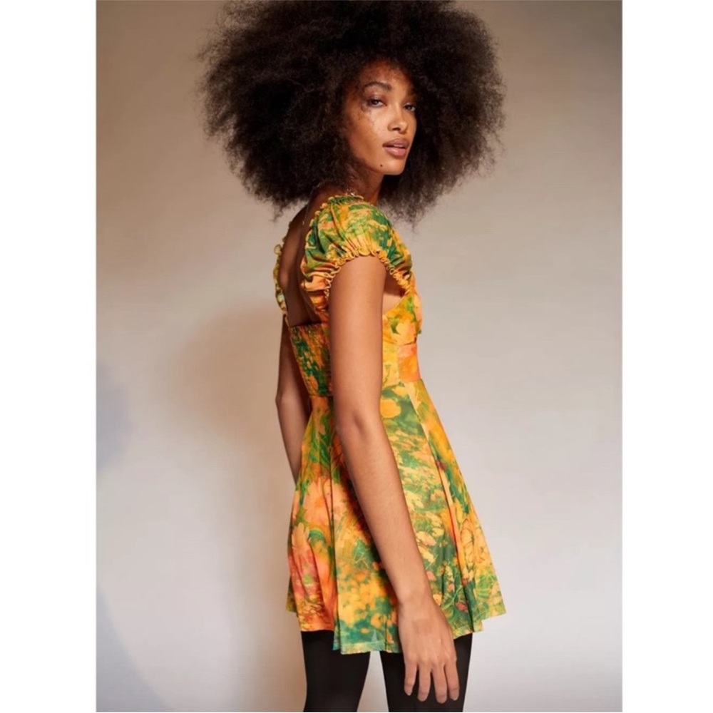 Urban Outfitters Audrey Mesh Mini Dress New Small Orange Green Puff Sleeve Cute - Picture 5 of 8
